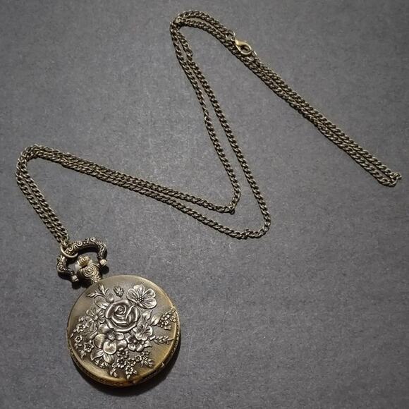 Gold Rose Roses Pocket Watch Necklace Christmas Birthday Anniversary Gift - NEW